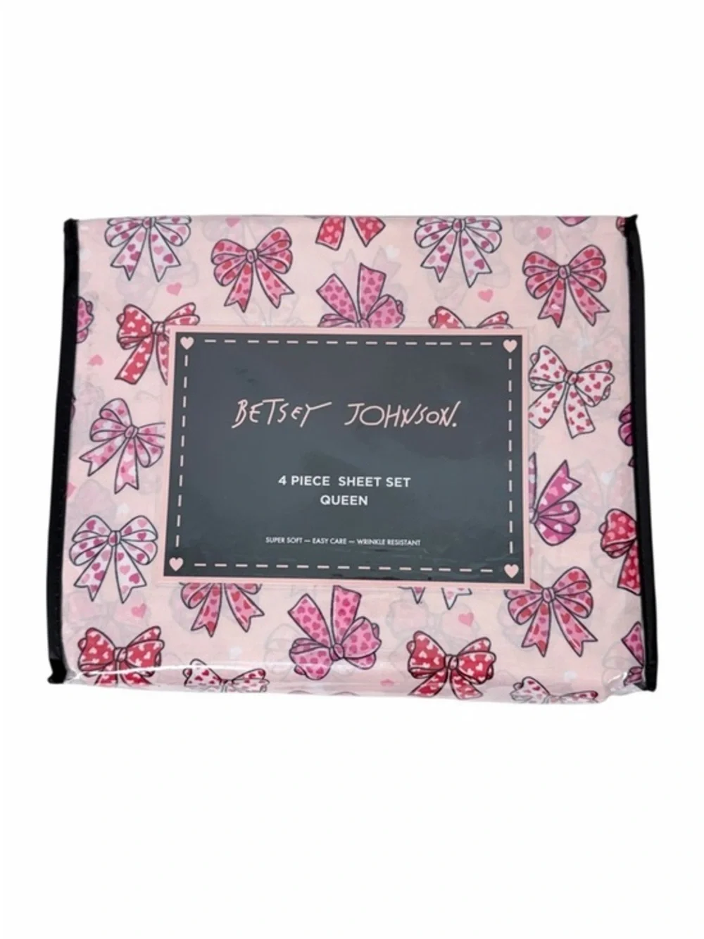 Betsey Johnson Queen Sheet Set Pink Bow Heart Print 4 Piece Bedding
